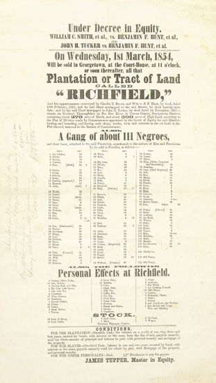 (SLAVERY AND ABOLITION--AUCTION.) Under Decree in Equity. . .Plantation or Tract of Land Called ""Richfield"". . .A Gang of About 111 N